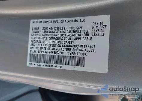 2019 Honda Ridgeline Rt from USA, damaged, VIN 5FPYK2F24KB002203